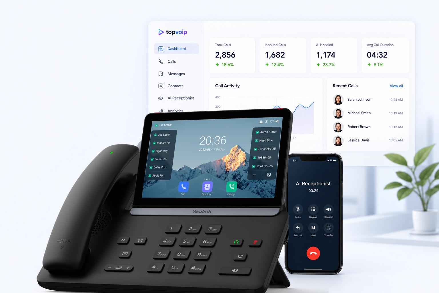 Yealink SIP-T87W business desk phone and mobile app with a business VoIP dashboard